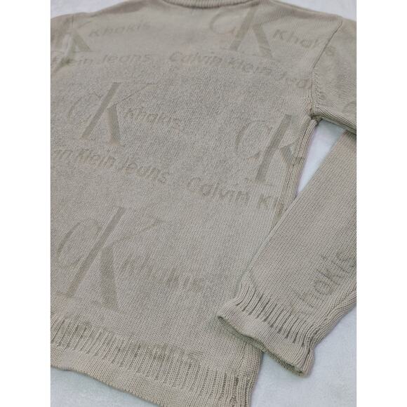 Cotton Crewneck Sweater Medium by Calvin Klein Jeans Khakis Embossed 90s/Y2K VTG - Picture 9 of 9